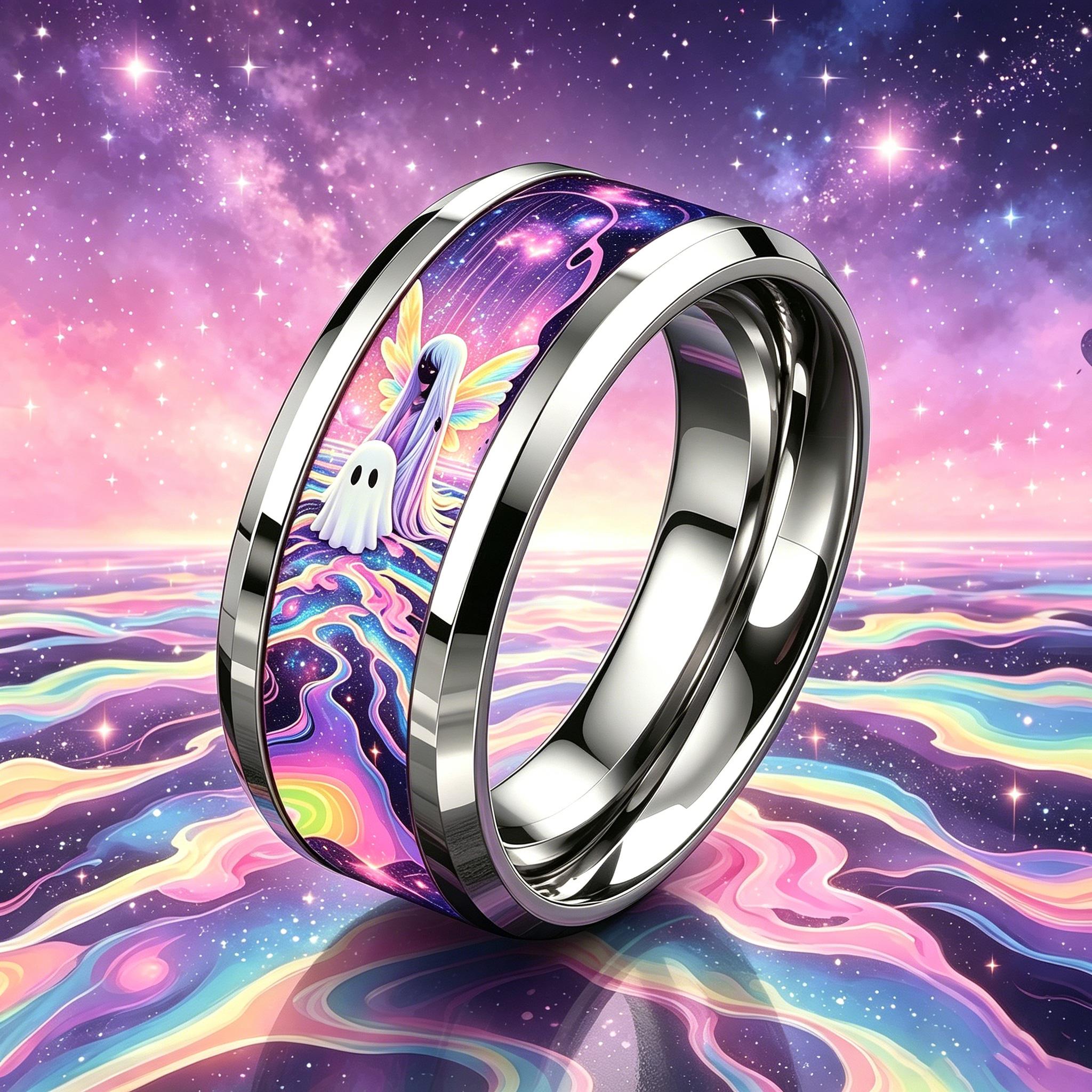 Starry Sky Iridescent Elf Print Stainless Steel Ring